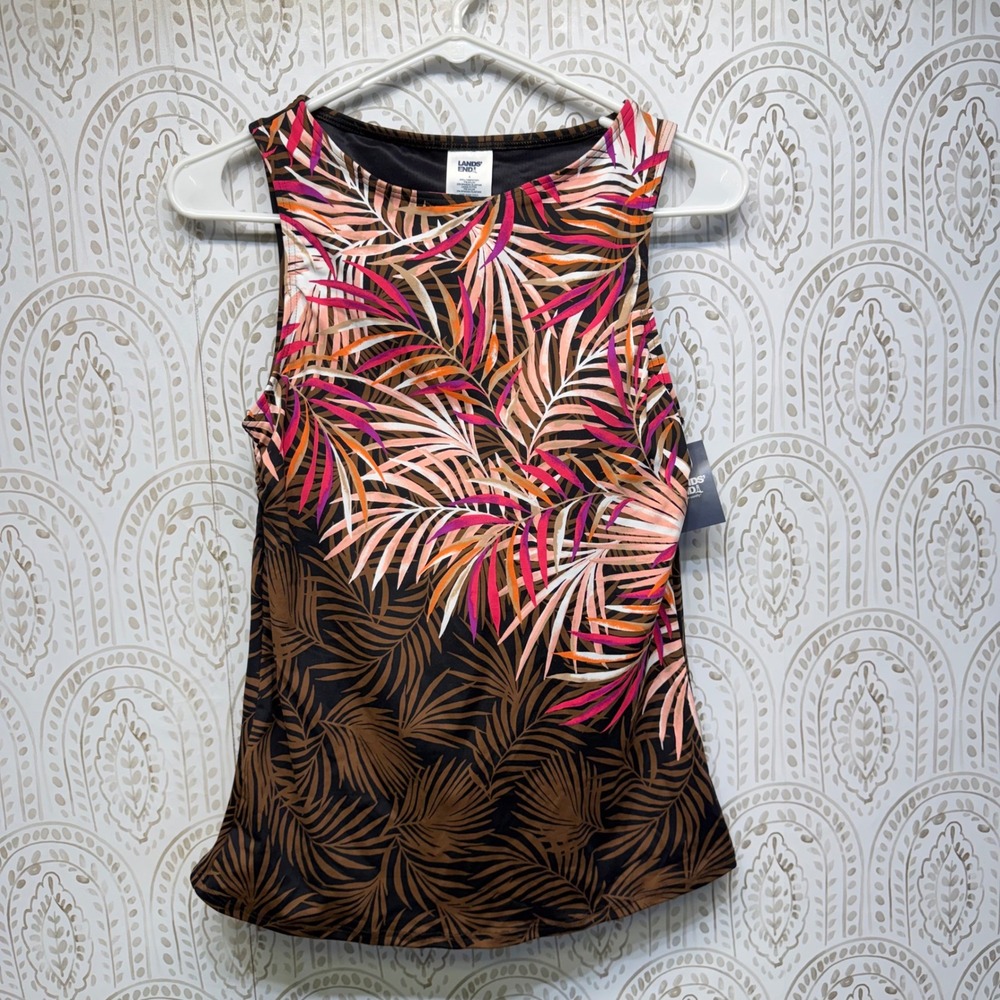 Lands' End Tankini Top Womens 4 Brown Pink Tropical Palm High‎ Neck Swimwear NEW